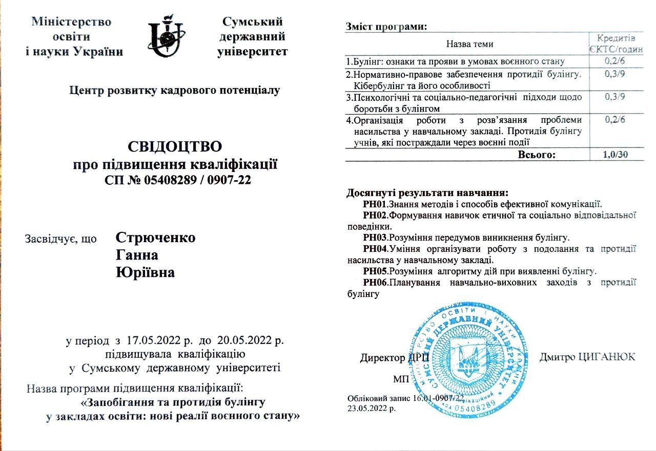 Свідоцтво з теми запобігання та протидії булінгу у воєнний час